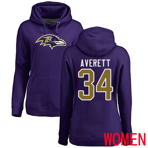 Baltimore Ravens Purple Women Anthony Averett Name and Number Logo NFL Football 34 Pullover Hoodie Sweatshirt